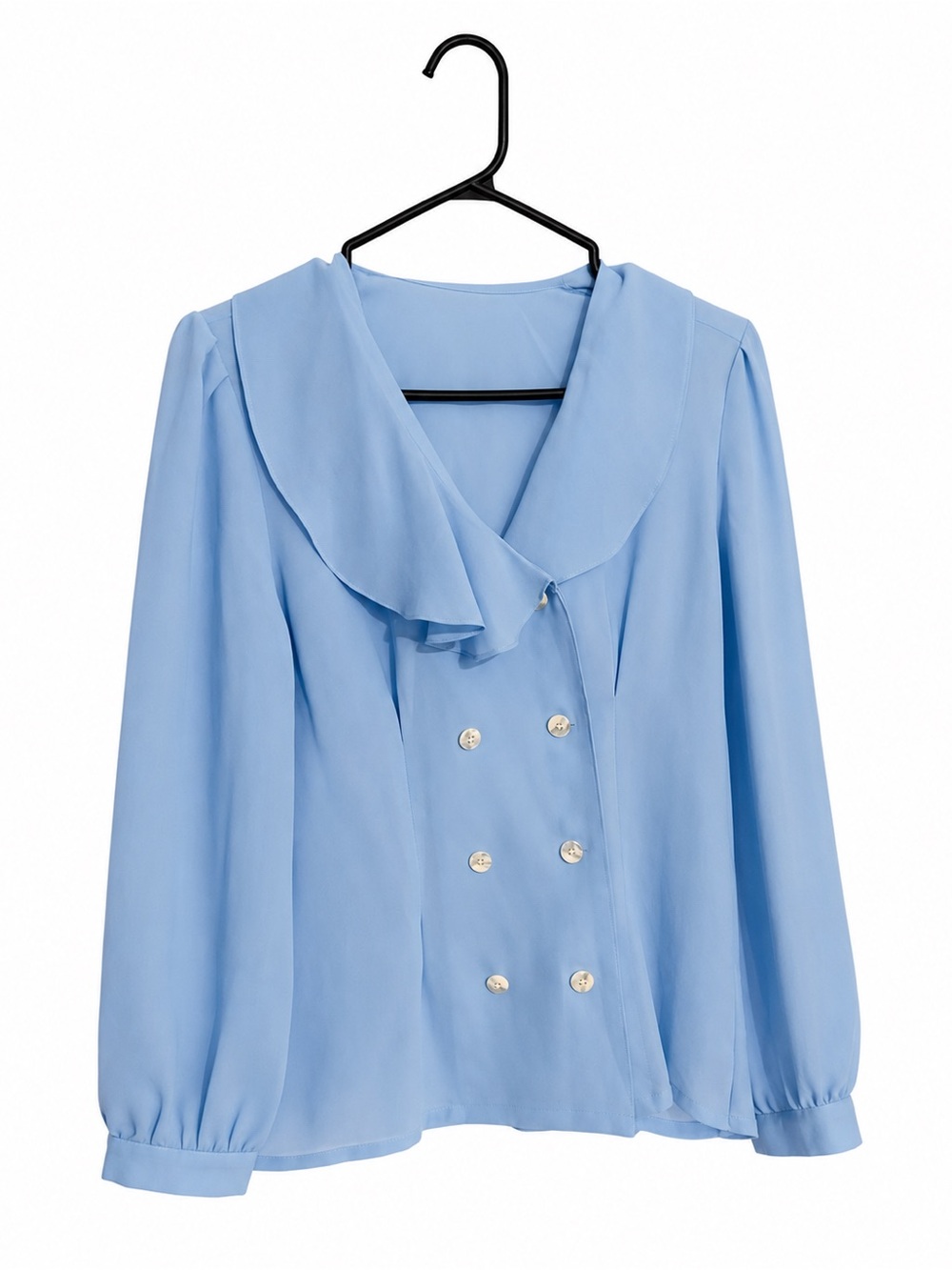 Light Blue Double-Breasted Ruffle Collar Women's Top